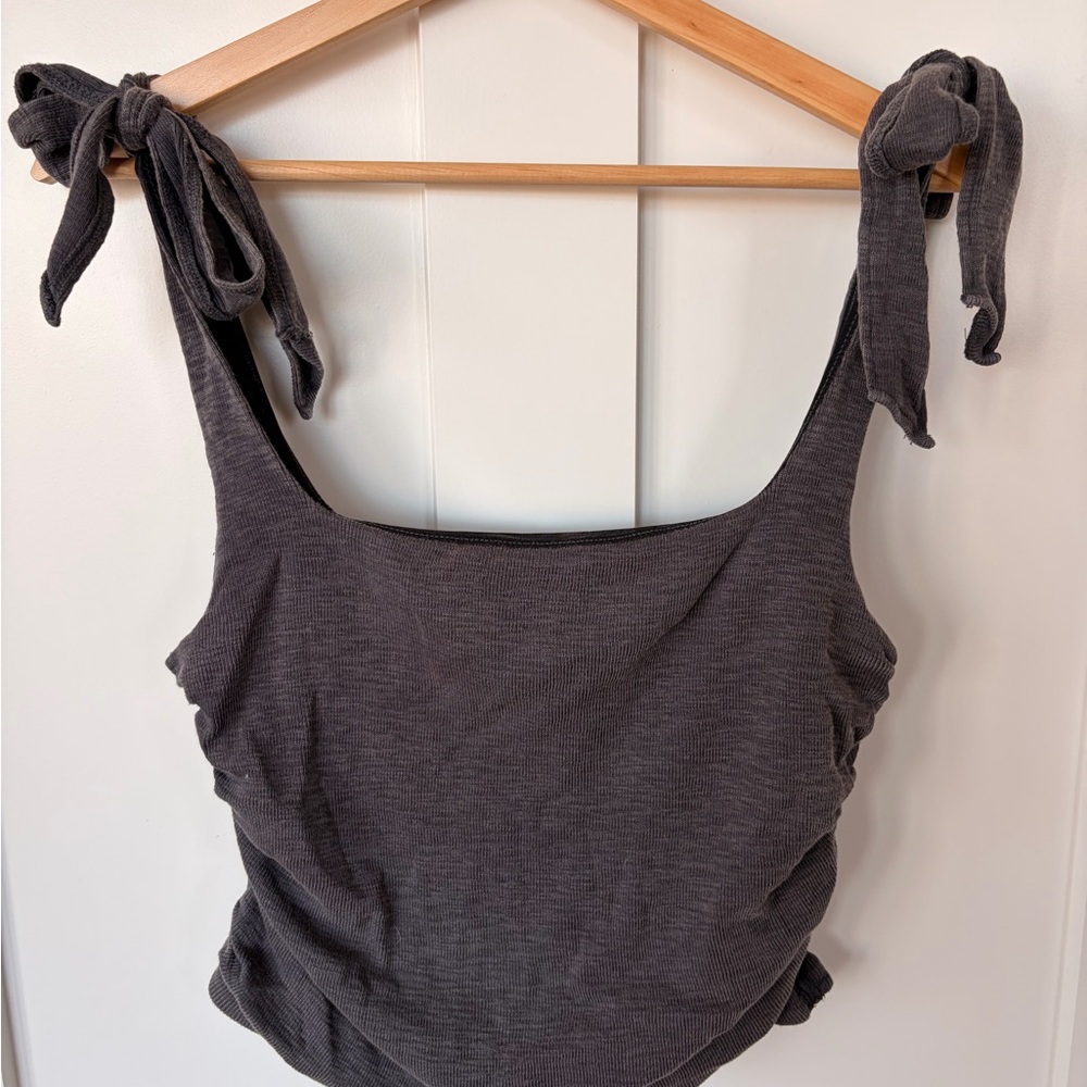 Free People Charcoal Tie-Shoulder Ruched Crop Tank